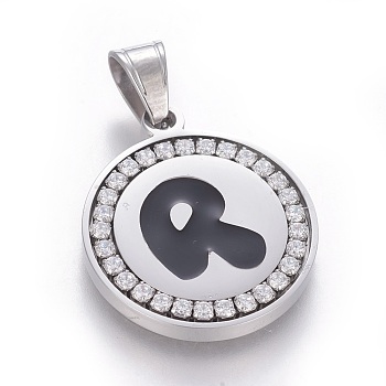 304 Stainless Steel Enamel Pendants, with Cubic Zirconia, Flat Round with Letter, Stainless Steel Color, Clear, Letter.R, 29x25x3mm, Hole: 5.5x8.5mm