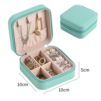 PU Leather Jewelry Box, Travel Portable Jewelry Case, Zipper Storage Boxes, for Necklaces, Rings, Earrings and Pendants, Square, Cyan, 10x10x5cm
