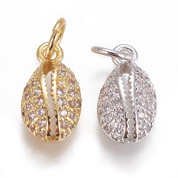 Brass Micro Pave Cubic Zirconia Charms, Cowrie Shell, Clear, Mixed Color, 12.5x7x3.5mm, Hole: 3mm