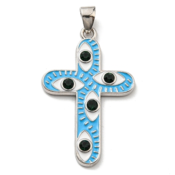 Rack Plating Alloy Enamel Pendants, Cross Charms with Glass, Long-Lasting Plated, Lead Free & Cadmium Free, Platinum, Sky Blue, 41.5x26.5x3mm, Hole: 6.6x3.5mm