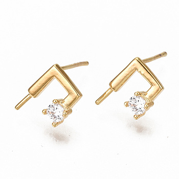 Brass Micro Pave Clear Cubic Zirconia Earring Findings, for Half Drilled Beads, Nickel Free, Real 18K Gold Plated, 11x8mm, Pin: 0.7mm, Pin: 0.7mm(for half drilled beads)