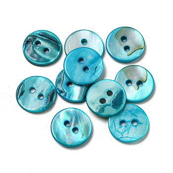 Freshwater Shell Buttons, 2-Hole, Flat Round, Cyan, 15x1~2mm, Hole: 2mm