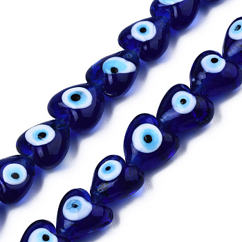 Handmade Evil Eye Lampwork Beads Strands, Heart, Medium Purple, 12~12.5x12~13x7.5mm, Hole: 1.2mm, about 33pcs/strand, 14.76 inch(37.5cm)