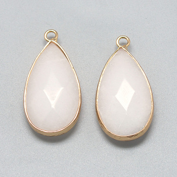 Natural White Jade Pendants, with Golden Tone Brass Findings, Faceted, teardrop, Dyed, Creamy White, 32.5~33x16x6mm, Hole: 2.5mm