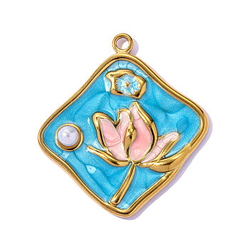 304 Stainless Steel Enamel Pendants, Square with Flower Charms, Ion Plating(IP), Mirror Polished Finish, Real 18K Gold Plated, Blue, 31x28mm, Hole: 2mm