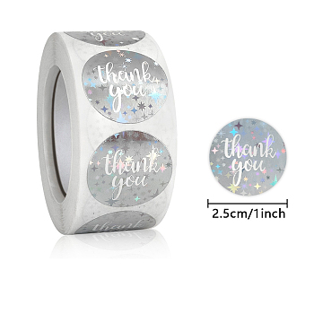 Self-Adhesive Paper Thank You Roll Stickers, Laser Style Round Dot Gift Tag Sticker, for Party Presents Decoration, Star pattern, Silver, 25mm, about 500pcs/roll.