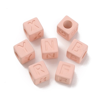 Rubberized Style Transparent Acrylic Beads, Square, Misty Rose, 12x12x12mm, Hole: 7mm