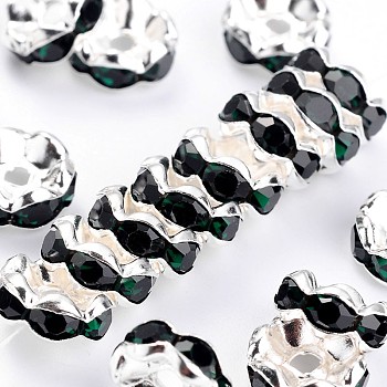Rhinestone Spacer Beads, Grade A, Emerald Rhinestone, Silver Color Plated, Nickel Free, about 8mm in diameter, 3.8mm thick, hole: 1.5mm