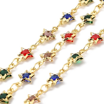 Star Handmade Brass Glass Beaded Chains, Real 18K Gold Plated, Soldered, with Spool, Cadmium Free & Lead Free, Mixed Color, 10x6x2mm