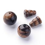 Natural Tiger Eye Buddhist Beads, 3 Hole Guru Beads, T-Drilled Beads, Grade AB, Buddha Jewelry Findings, Dark Goldenrod, Tiger Eye, Round: 10mm, Hole: 1~2mm, Cap: 8~10x6mm, hole: 1~2mm(X-G-M011-01B)