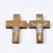 Printed Wooden Pendants, Crucifix Cross, For Easter, Dyed, Camel, 32.5~33.5x21~22x4.5mm, Hole: 2mm(WOOD-S050-35A-05)