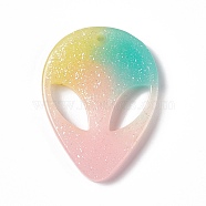 Resin Pendants, Alien Face Charms with Glitter Powder, Pink, 39x29x3.5mm, Hole: 2.3mm(RESI-C029-02C)