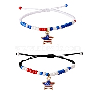 2Pcs 2 Style Alloy Enamel Charms Braided Bead Bracelets Set, Glass Seed & Acrylic Beaded Multi-string Bracelets for Independence Day, Colorful, Inner Diameter: 2~3-3/8 inch(5~8.6cm), 1Pc/style(BJEW-SW00045)