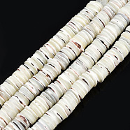 Natural Trochus Shell Beads Strands, Heishi Beads, Flat Round/Disc, 9x1.5mm, Hole: 1.2mm, about 199~210pcs/strand, 14.96 inch~15.35 inch(38~39cm)(SSHEL-N034-163A)