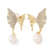 Natural Pearl Stud Earrings, Butterfly Brass Micro Pave Clear Cubic Zirconia Dangle Earrings for Women, Real 14K Gold Plated, 31.5x14.5mm(EJEW-L286-04G)