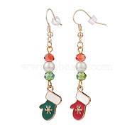 Enamel Snowflake Glove Charm with Glass Pearl Dangle Earrings, Gold Plated Brass Christmas Asymmetrical Earrings for Women, Colorful, 60.5mm, Pin: 0.8mm(EJEW-JE04961-03)