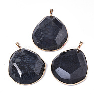Natural Crackle Agate Big Pendants, with Light Gold Plated Brass Edge & Pinch Bails, Dyed & Heated, Oval, Faceted, Black, 61~62x54~55x12~14mm, Hole: 4x7mm(G-R469-05A)