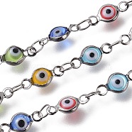 3.28 Feet Handmade Evil Eye Lampwork Link Chains, Soldered, with Brass Findings, Long-Lasting Plated, Flat Round, Gunmetal, Mixed Color, 10x4.5x2mm, Hole: 1.5mm(X-CHC-F009-01A-B)