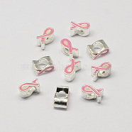 Alloy Enamel Awareness Ribbon Large Hole European Beads, Silver Color Plated, Pink, 11x6x8mm, Hole: 5mm(X-MPDL-R036-41B)