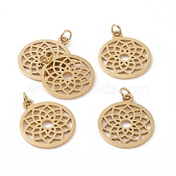 Vacuum Plating 304 Stainless Steel Pendants, Chakra, Sahasrara, Flat Round with Flower, Golden, 22.5x19x1mm, Hole: 3mm(STAS-S105-T523G)