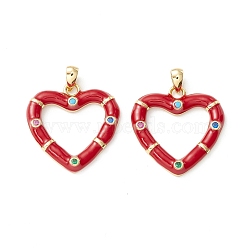 Rack Plating Brass Micro Pave Colorful Cubic Zirconia Pendants, with Enamel, Cadmium Free & Nickel Free & Lead Free, Real 18K Gold Plated, Heart, Dark Red, 21x20.5x2.5mm, Hole: 4.5x2mm(KK-D073-07G-01)