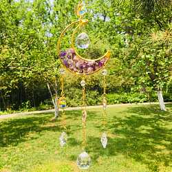 Wire Wrapped Natural Amethyst Chips & Moon Hanging Ornaments, Glass Tassel Suncatcher for Window Garden Decoration, 340x60mm(PW-WG515F2-02)
