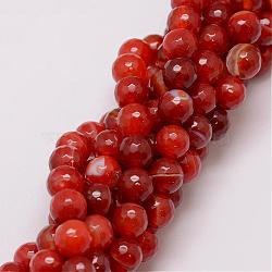 Natural Striped Agate/Banded Agate Bead Strands, Dyed, Faceted, Round, Dark Orange, 10mm, Hole: 1.5mm, about 38pcs/strand, 14 inch(G-G882-10mm-D03)