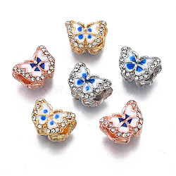 Rack Plating Alloy European Beads, Large Hole Beads, with Crystal Rhinestone & Enamel, Cadmium Free & Nickel Free & Lead Free, Butterfly, Mixed Color, 9x12.5x9mm, Hole: 4.5mm(MPDL-N039-077)
