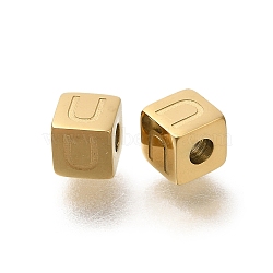 Ion Plating(IP) 304 Stainless Steel Beads, Cube with Letter, Real 14K Gold Plated, Letter U, 5x5x5mm, Hole: 2mm(STAS-F308-01G-U)