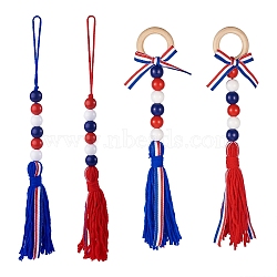 Crafans 4Pcs 2 Style Independence Day Theme Wooden Ring & Woolen Yarn Tassels Pendant Decorations, with Wooden Beads, Mixed Color, 260~320mm, 2 style, 4pcs(HJEW-CF0001-20)