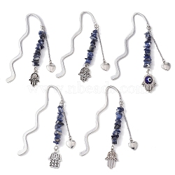 Natural Sodalite Beads Bookmarks, Hamsa Hand Alloy Charms Bookmarker, Antique Silver, 85~92mm, 5pcs/set.(AJEW-JK00247)