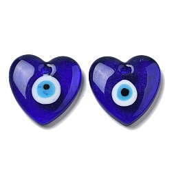 Handmade Evil Eye Lampwork Pendants, Heart Charms, Blue, 34.5~35x35~35.5x6.5~8mm, Hole: 3mm(LAMP-F035-11A)