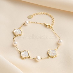 S925 Sterling Silver Cable Chain Link Bracelets, Natural White Fritillary Shell Link Bracelets for Woman, Shell Shape, Real 14K Gold Plated, 6-5/8 inch(16.8cm)(BJEW-M085-01G)