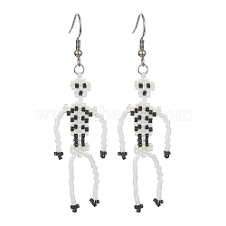 MIYUKI Delica Beaded Skeleton Dangle Earrings, 304 Stainless Steel Long Drop Earrings, White, 71.5mm(EJEW-MZ00092)