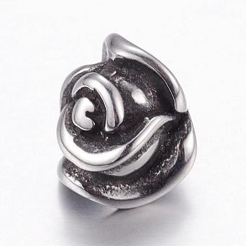 304 Stainless Steel European Beads, Large Hole Beads, Flower, Antique Silver, 13x10x10mm, Hole: 5mm