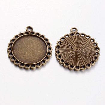 Tibetan Style Pendant Cabochon Settings, Cadmium Free & Nickel Free & Lead Free, Flat Round, Antique Bronze, 30x26x2mm, Hole: 3mm