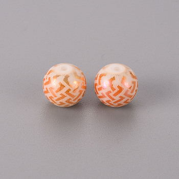 Electroplate Glass Beads, Round with Patten, Rose Gold Plated, 10mm, Hole: 1.2mm