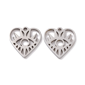 201 Stainless Steel Pendants, Heart with Eye Charms, Stainless Steel Color, 15.5x15x1.5mm, Hole: 1.6mm