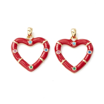 Rack Plating Brass Micro Pave Colorful Cubic Zirconia Pendants, with Enamel, Cadmium Free & Nickel Free & Lead Free, Real 18K Gold Plated, Heart, Dark Red, 21x20.5x2.5mm, Hole: 4.5x2mm