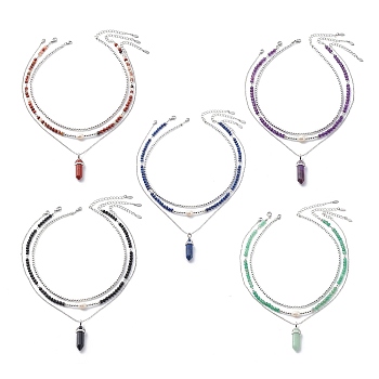 3Pcs 3 Style Natural Gemstone & Pearl & Synthetic Hematite Beaded Necklaces Set, Gemstone Bullet Pendant Necklaces with 304 Stainless Steel Chains for Women, 16.10~16.34 inch(40.9~41.5cm), 1Pc/style