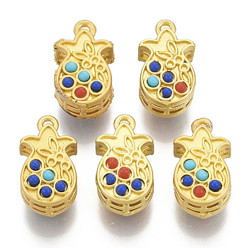 Brass Charms, with Resin Beads, Pineapple, Matte Style, Matte Gold Color, Colorful, Matte Gold Color, 14.5x8x8mm, Hole: 1mm
