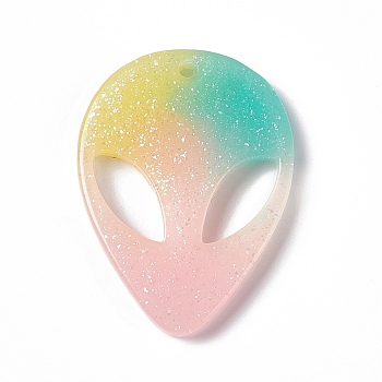 Resin Pendants, Alien Face Charms with Glitter Powder, Pink, 39x29x3.5mm, Hole: 2.3mm