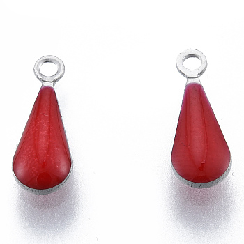 304 Stainless Steel Enamel Charms, Stainless Steel Color, Teardrop, Dark Red, 12x4.5x2mm, Hole: 1.2mm