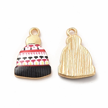 Winter Theme Printed Alloy Pendants, Lead Free & Cadmium Free & Nickel Free, Hat Charm, Golden, Colorful, 18x12.5x3mm, Hole: 1.8mm