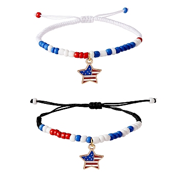 2Pcs 2 Style Alloy Enamel Charms Braided Bead Bracelets Set, Glass Seed & Acrylic Beaded Multi-string Bracelets for Independence Day, Colorful, Inner Diameter: 2~3-3/8 inch(5~8.6cm), 1Pc/style