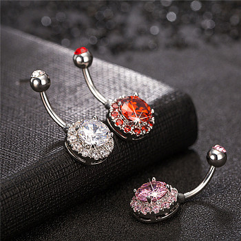 316L Surgical Stainless Steel Cubic Zirconia Flat Round Curved Barbell Belly Rings, Stainless Steel Color, Clear, 28x12mm