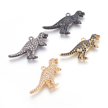 Brass Micro Pave Cubic Zirconia Pendants, Dinosaur, Mixed Color, 17.5x27.5x2.5mm, Hole: 1mm