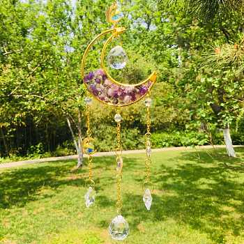 Wire Wrapped Natural Amethyst Chips & Moon Hanging Ornaments, Glass Tassel Suncatcher for Window Garden Decoration, 340x60mm