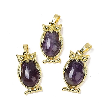 Natural Amethyst Pendant, with Brass Findings,  Lead Free & Cadmium Free, Long-Lasting Plated, Owl, 28.5x15.5x7mm, Hole: 5x8mm