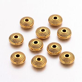 Tibetan Style Spacer Beads, Lead Free & Cadmium Free, Flat Round, Antique Golden Color, about 8mm in diameter, 4mm thick, hole: 1.5mm